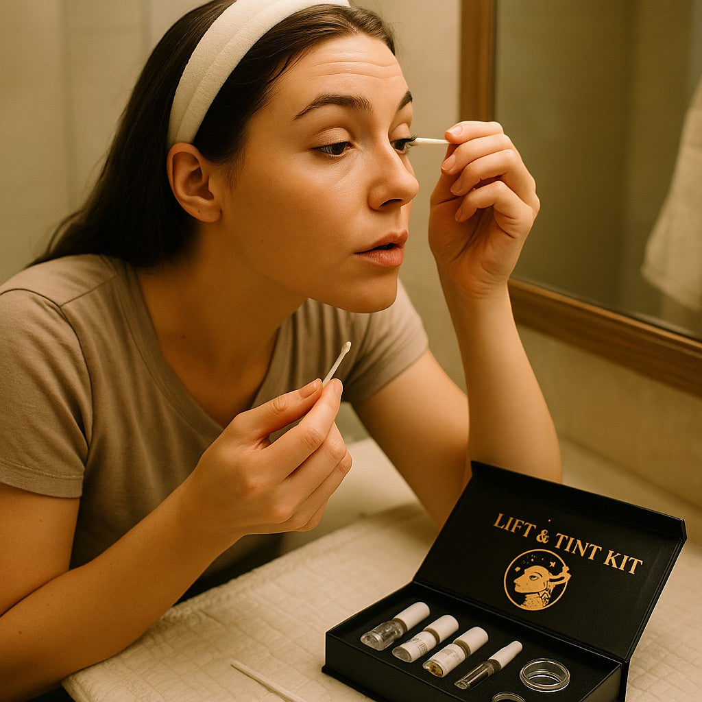 Woman applying lash lift solution in bathroom mirror