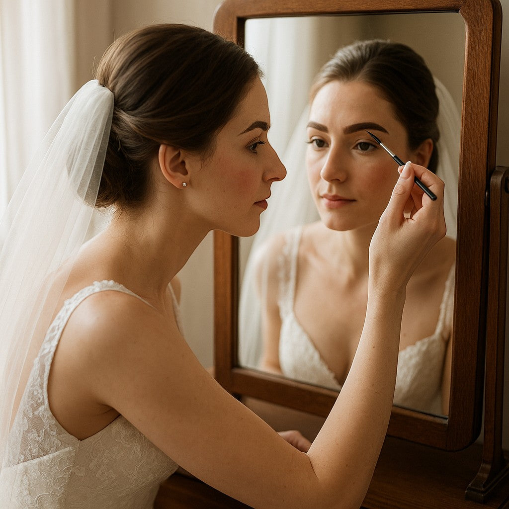 Bride applying final brow tint before wedding