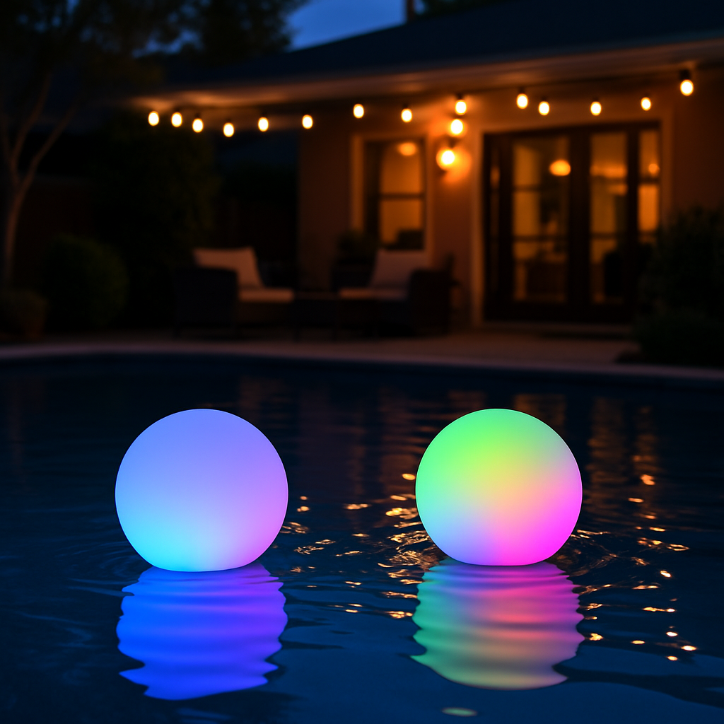Glowing color-changing floating orbs in backyard pool at twilight