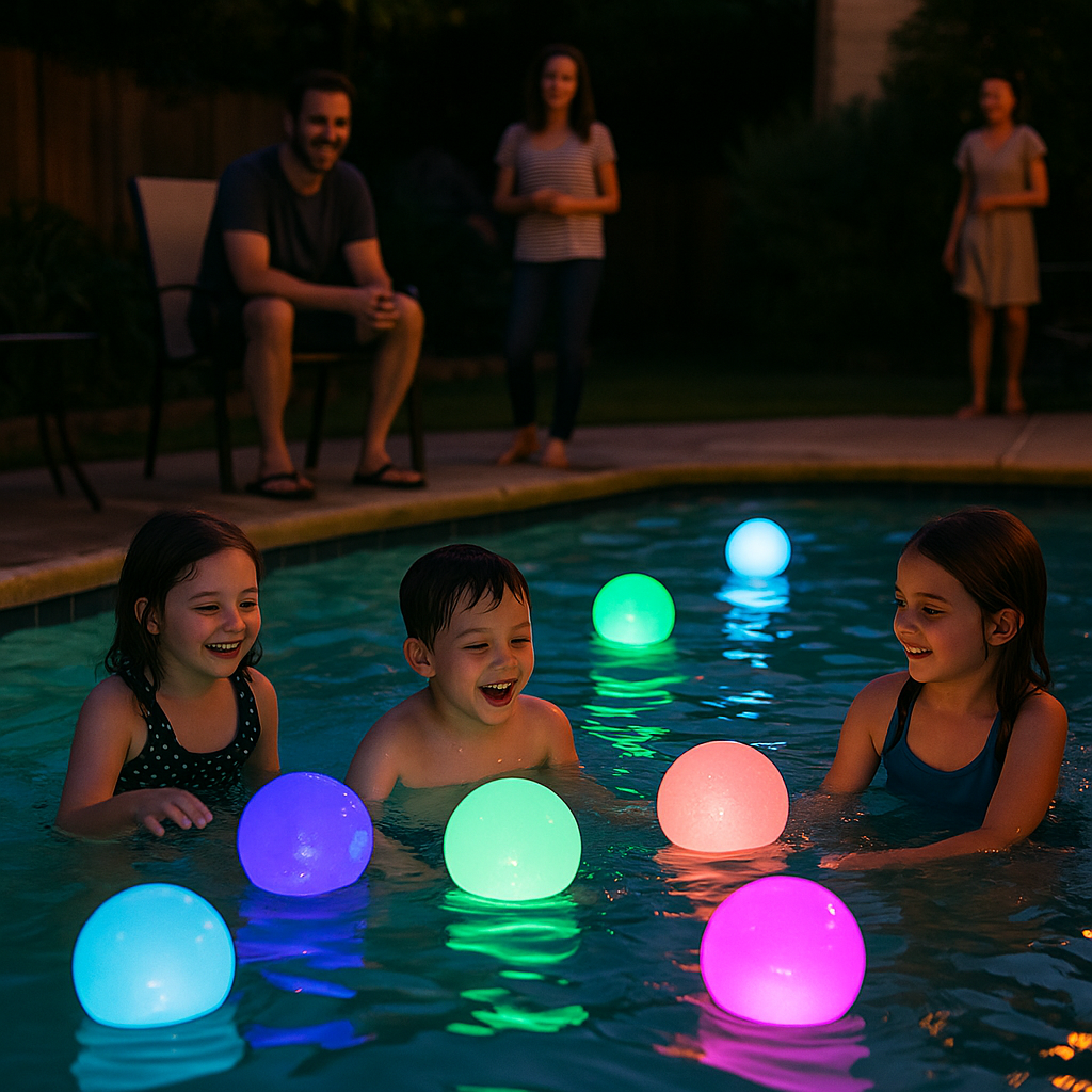 Family evening pool party with color-changing orbs