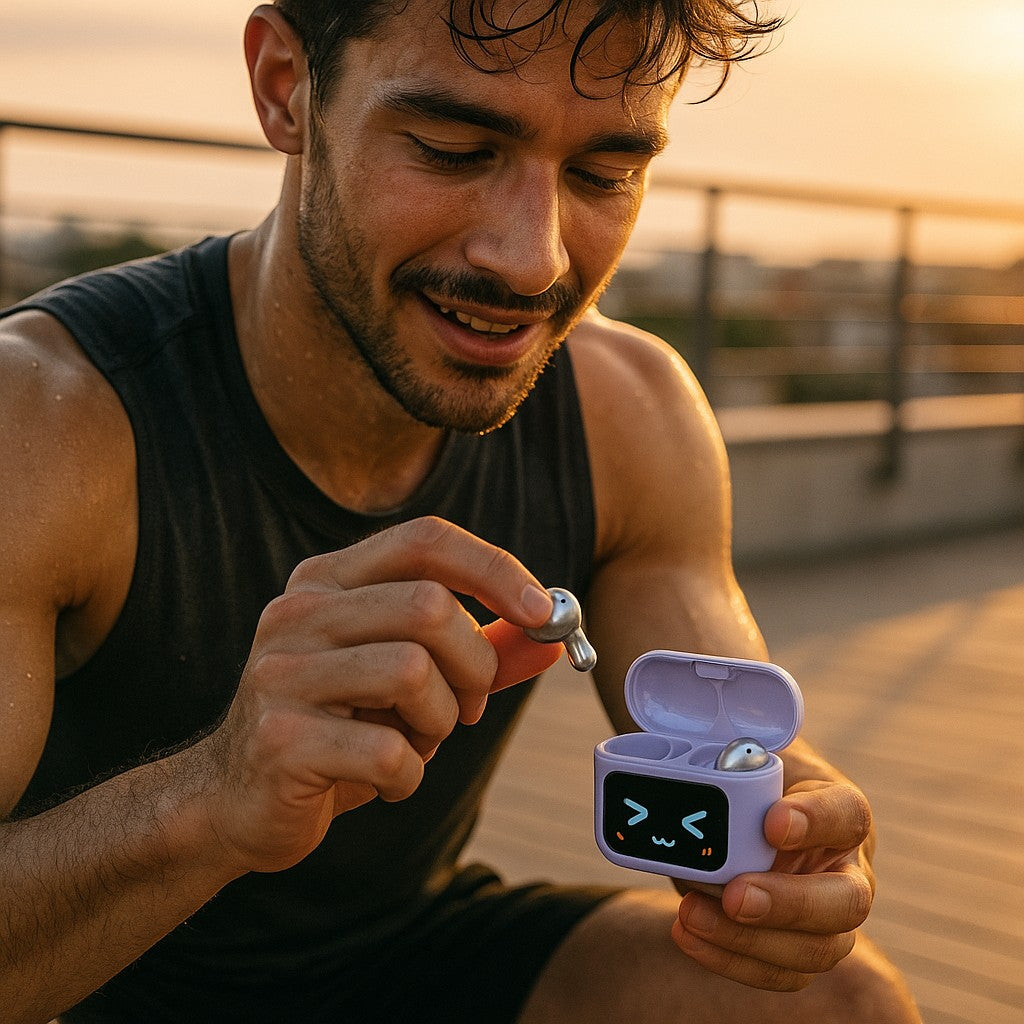 Runner placing wireless earbuds back in purple LED case