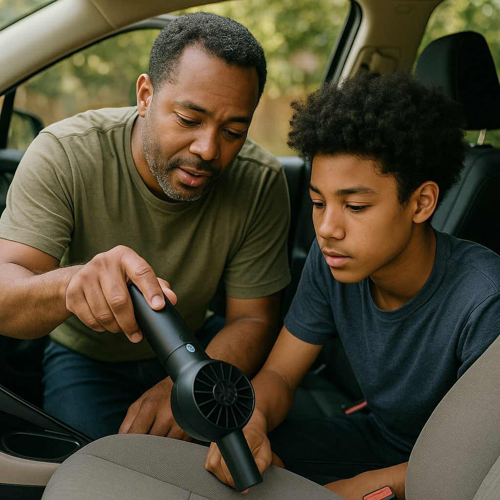 Dad showing son detailing car with handheld vacuum