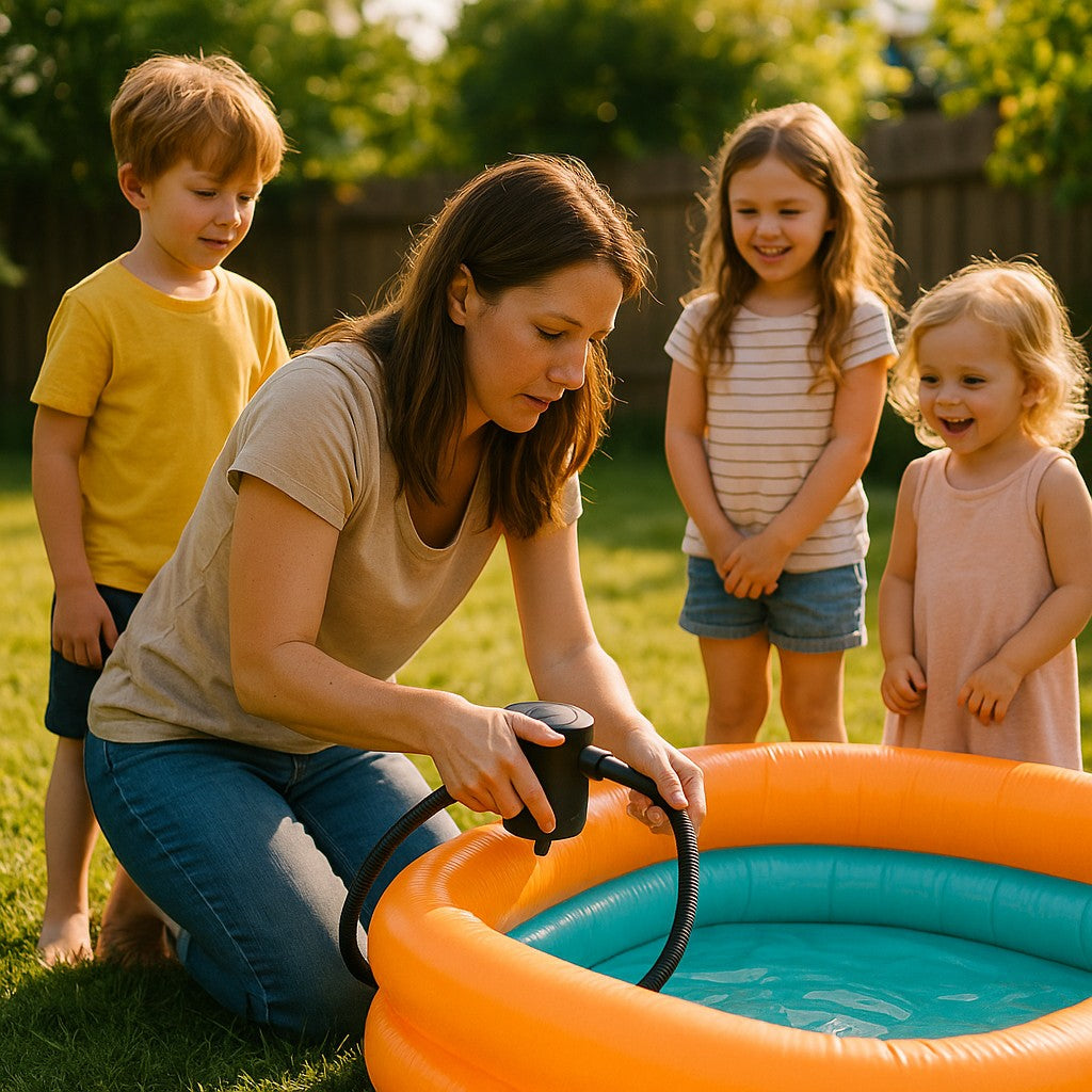 Mom inflating kiddie pool in backyard with mini pump