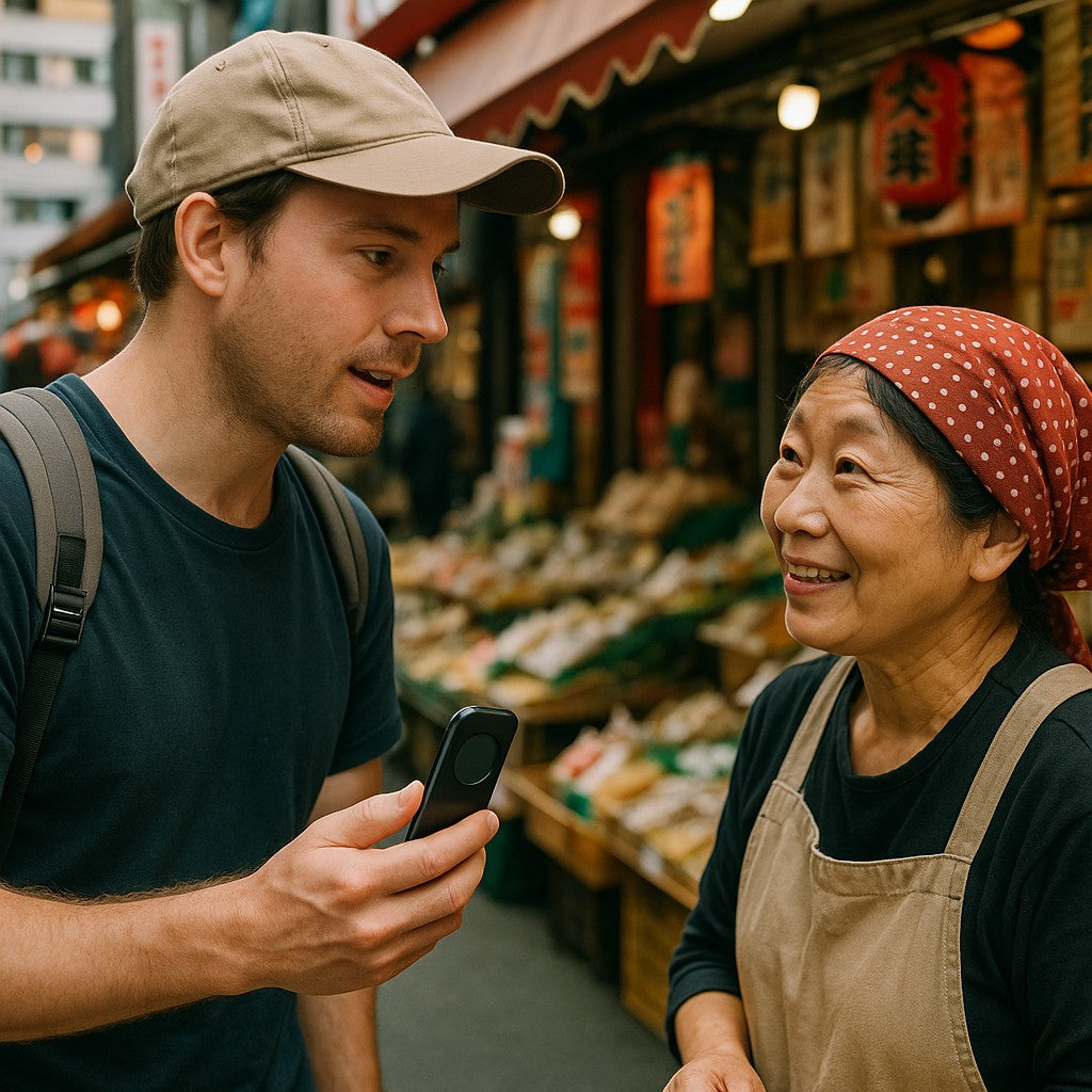 Traveler using handheld AI translator with Tokyo market vendor