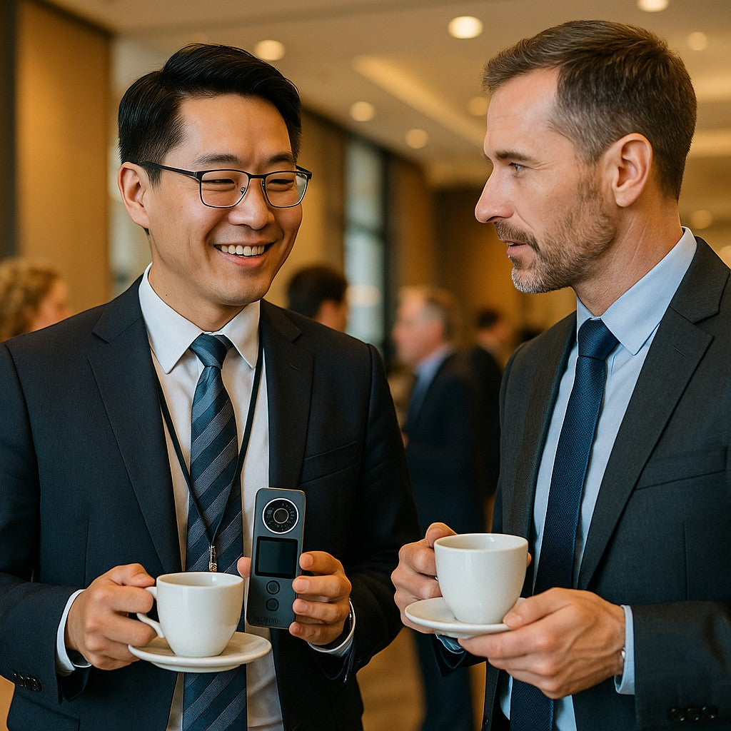Business traveler using AI translator with colleague
