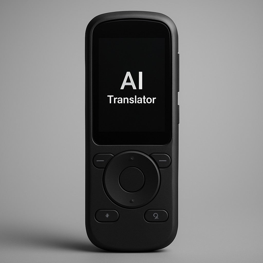 Small black handheld AI translator product shot