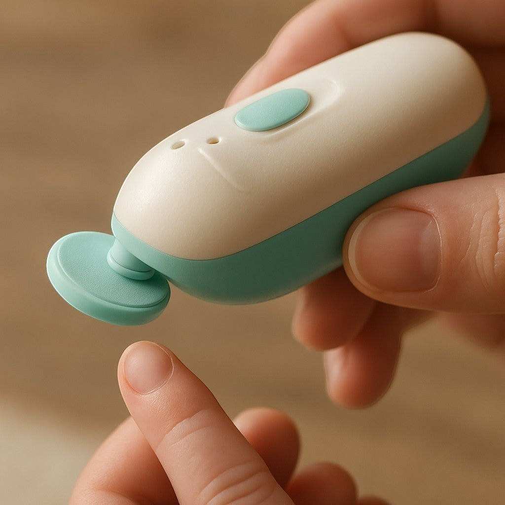 Close-up teal electric baby nail file above baby finger
