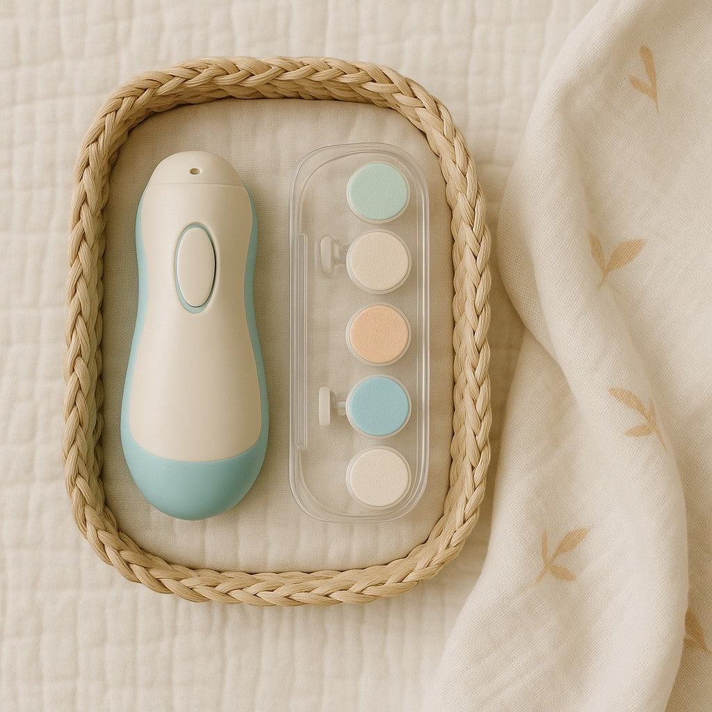 Teal baby nail trimmer with polishing heads in nursery basket