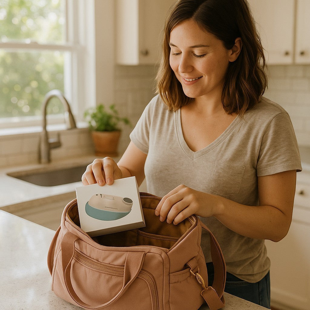 New mom packing baby nail trimmer into diaper bag