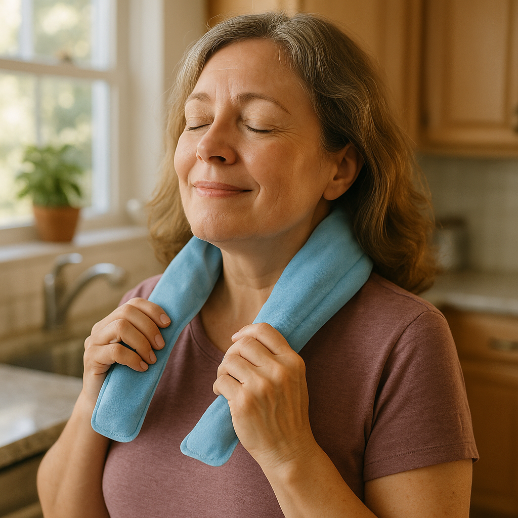Woman draping PCM cooling neck wrap in sunlit kitchen