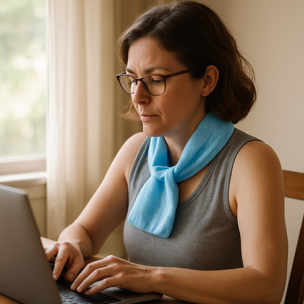 Woman wearing cooling neck wrap working at laptop