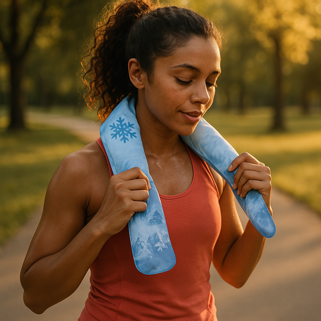 Jogger with cooling neck wrap after hot-weather run
