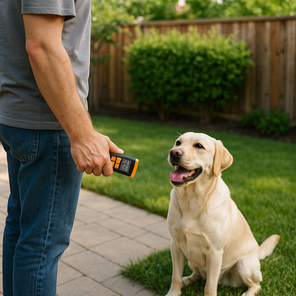 Handheld ultrasonic dog trainer in use