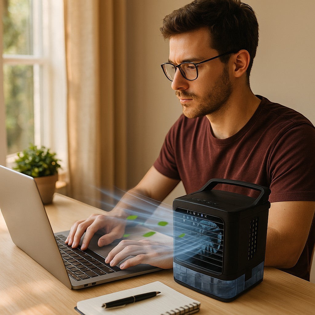 Remote worker with portable AC fan on desk