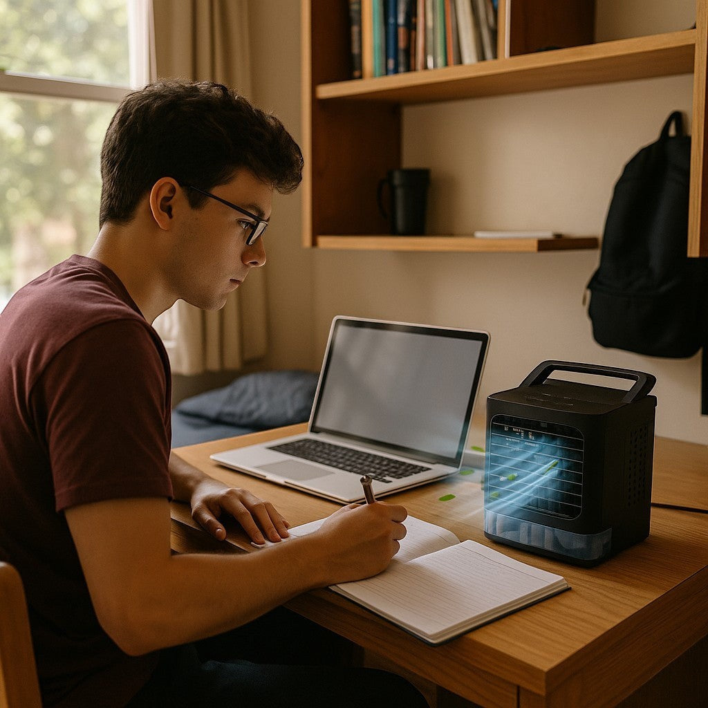 College student studying with AC fan
