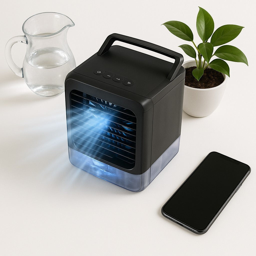 Flat-lay AC fan with houseplant