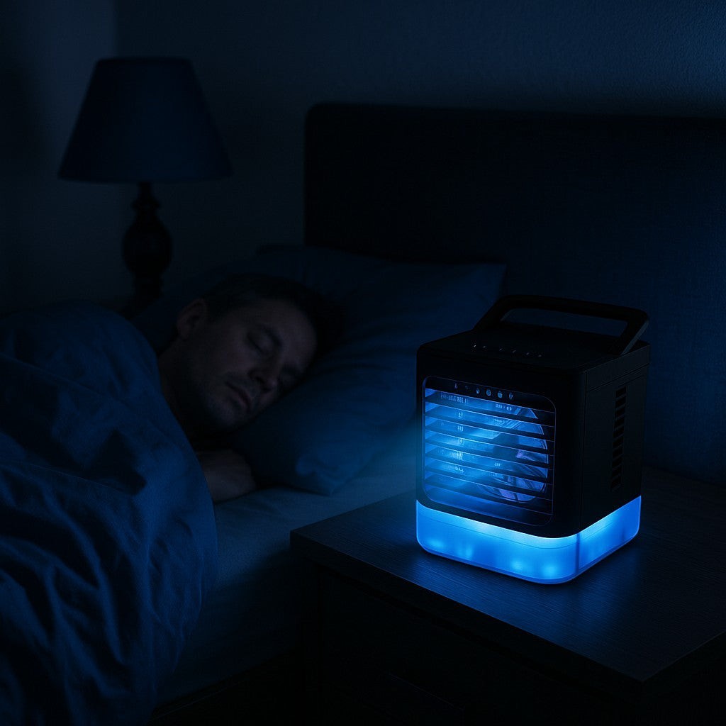 Bedroom at night with AC fan glowing