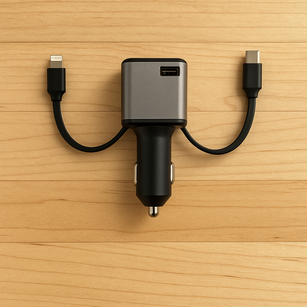 Super Fast Charge 4-in-1 Car Charger Built-In Lightning USB-C Cables 4 Ports