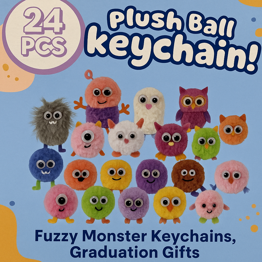Plush Ball Keychain 24-Piece Set, Fuzzy Monster Keychains, Graduation Gifts