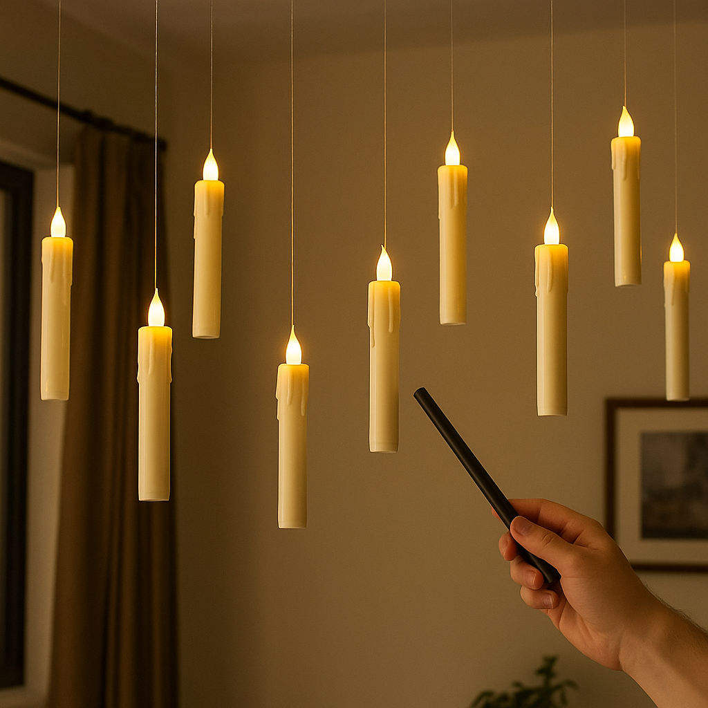 ZAUBERFTX Magic Hanging Floating Candles, 10-Pack with Wand