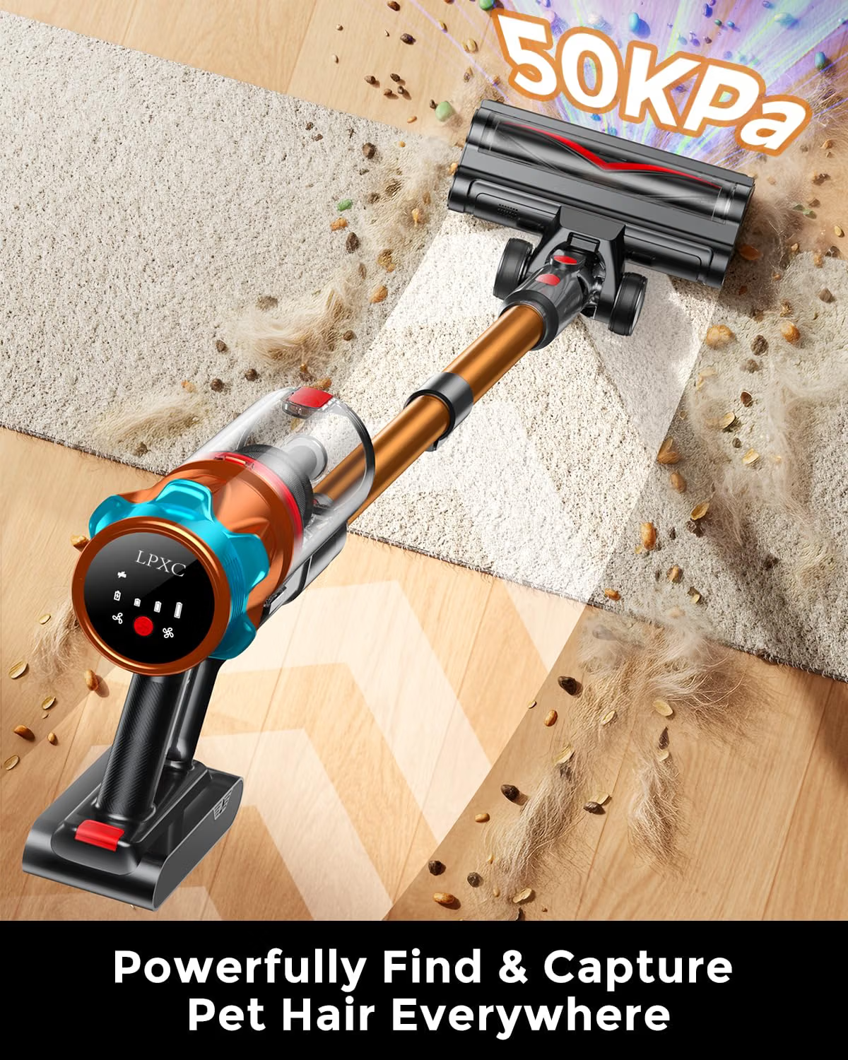 LPXC Cordless Vacuum Cleaner, 50KPa Suction, Anti-Tangle Floor Brush, Self-Standing