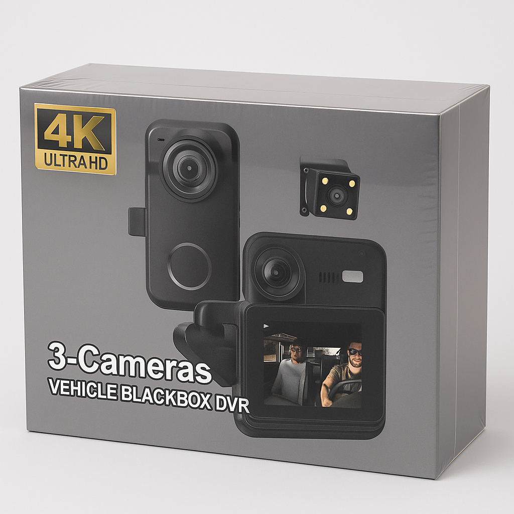 3-Cameras Vehicle Blackbox DVR, 4K Ultra HD, Front/Cabin/Rear, 170 Degree