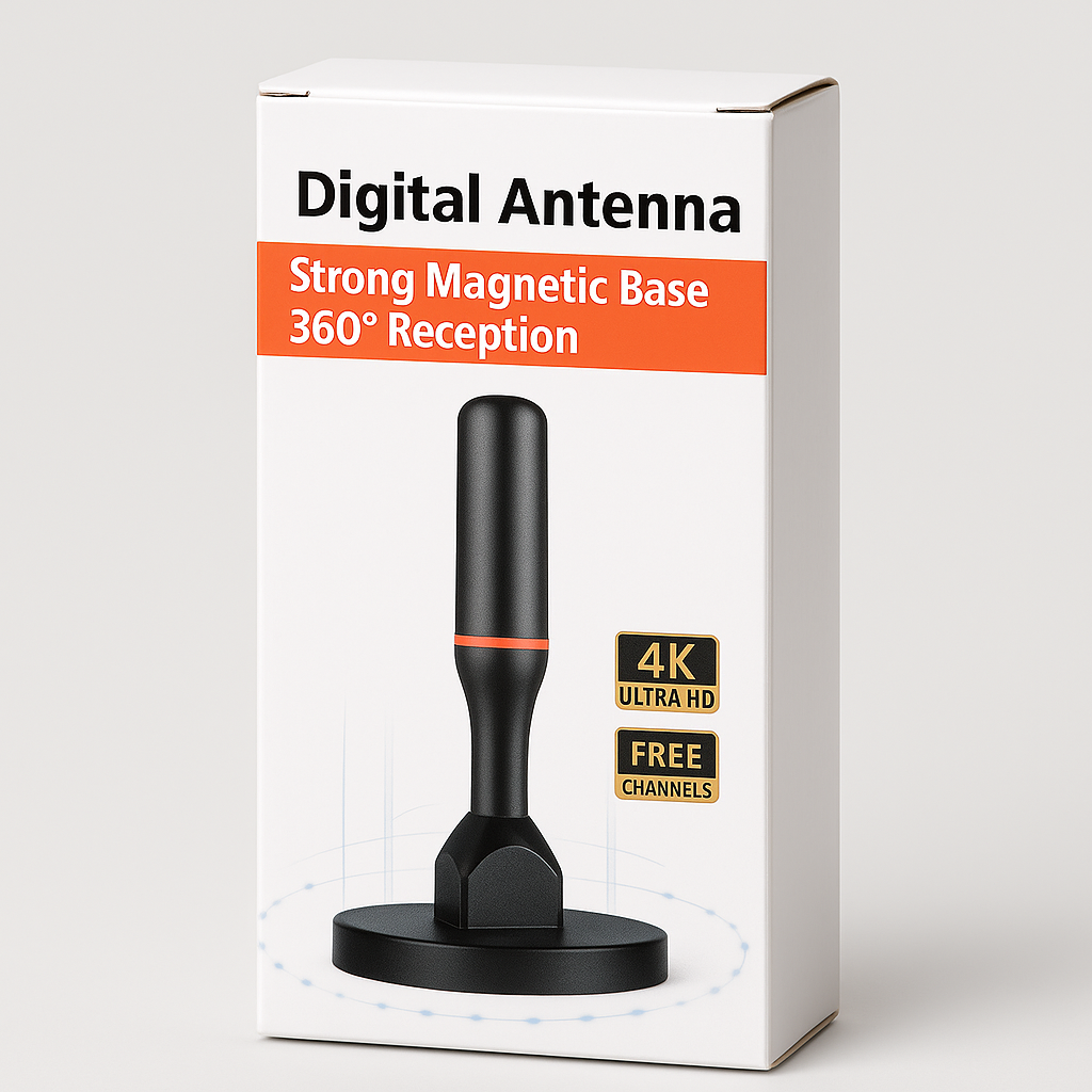 Digital TV Antenna, Strong Magnetic Base, 360° Reception, 4K