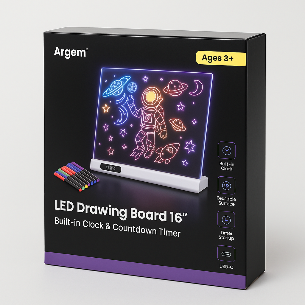 Argem LED Drawing Board 16 in, Built-In Clock & Timer, USB-C