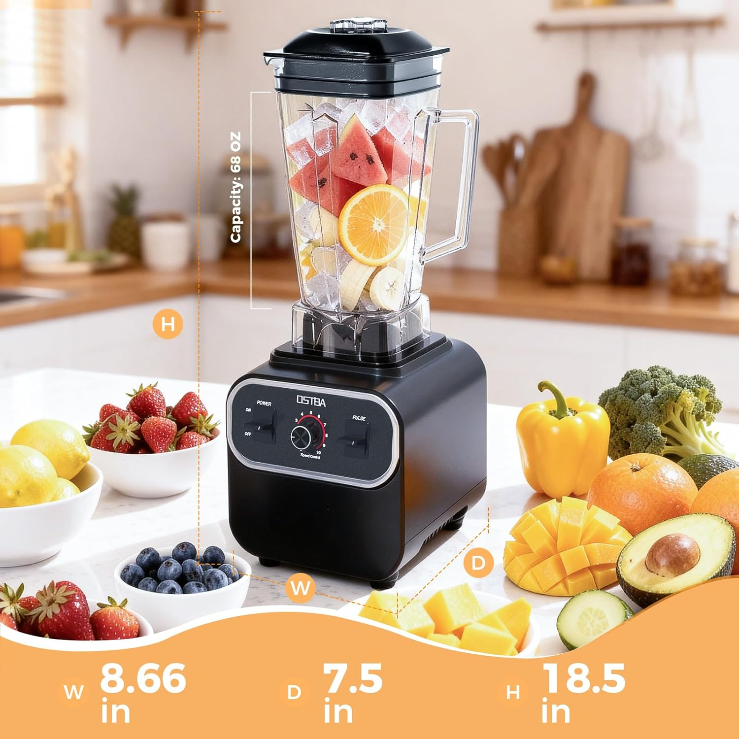OSTBA 1600W Professional Blender - 10-Speed, 68oz BPA-Free Pitcher for Smoothies & Ice Crushing