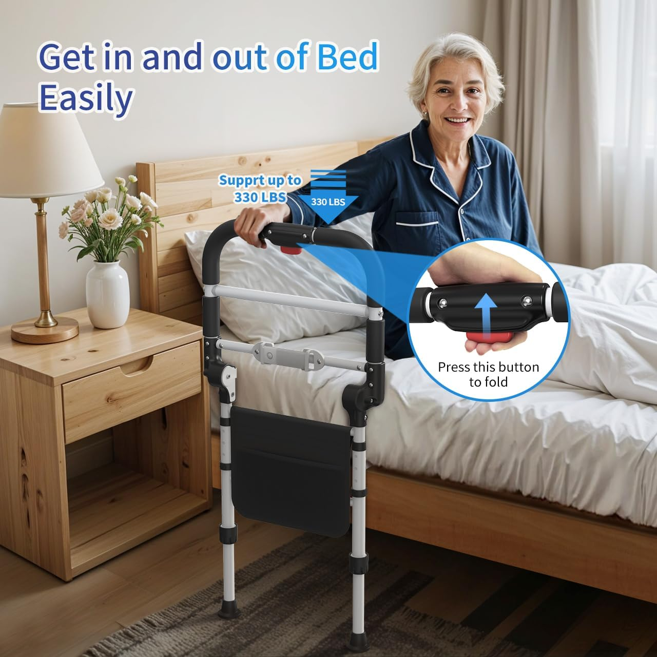 Bed Rails for Elderly Adults - Adjustable Safety Grab Bars with LED Night Lights