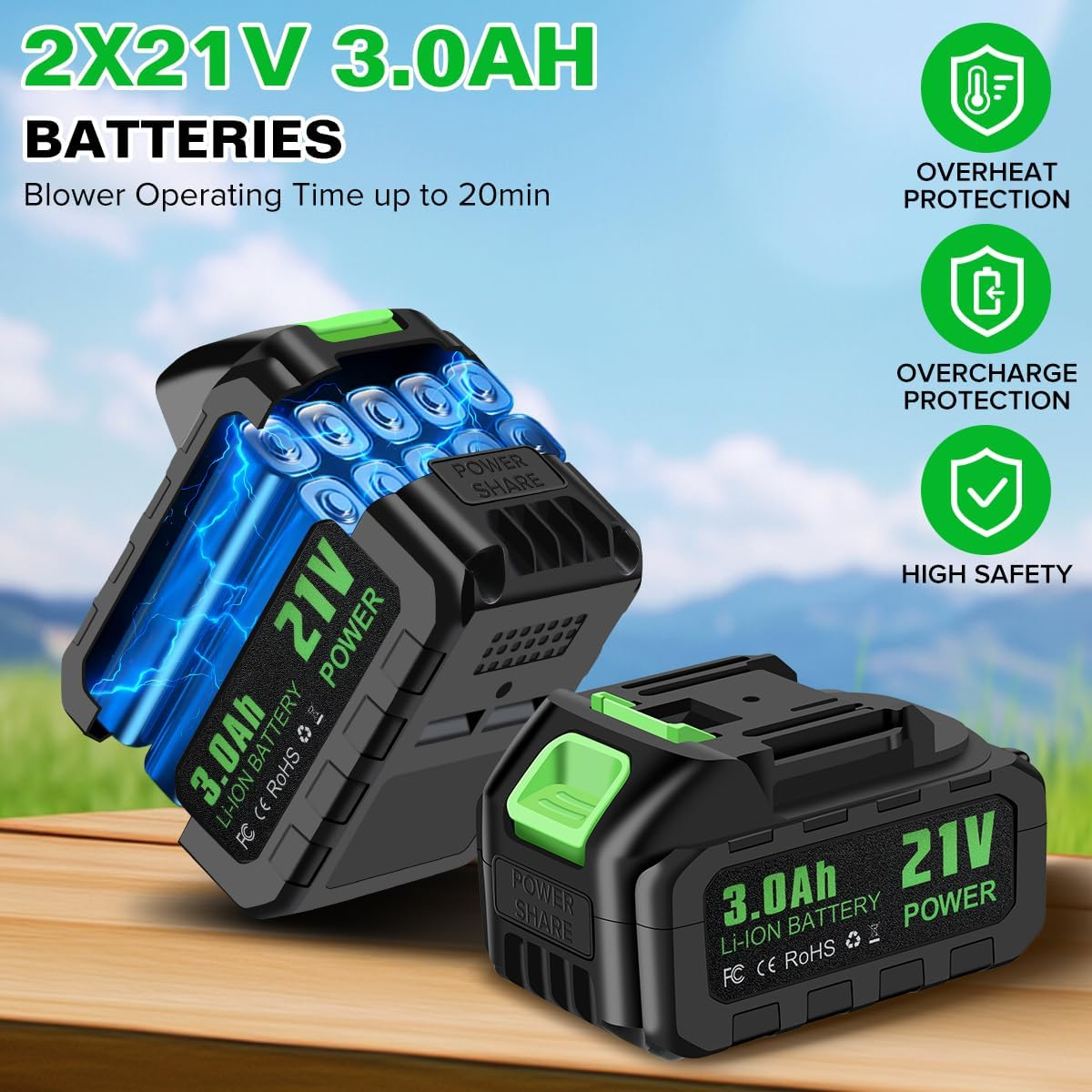 21V Cordless Leaf Blower with 2 Batteries & Charger - 4 Speed Modes