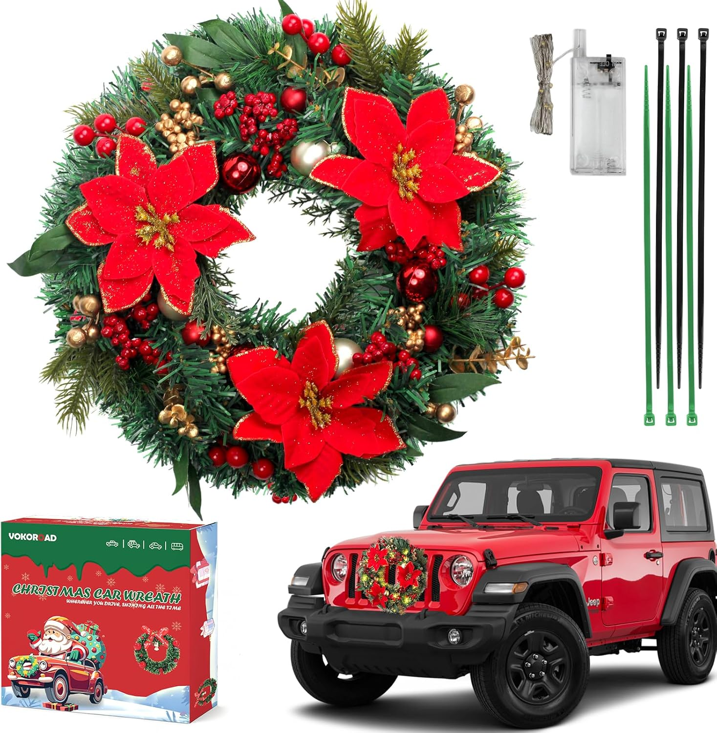 Lighted Christmas Car Wreath - 13" LED Poinsettia Wreath for Front Grill