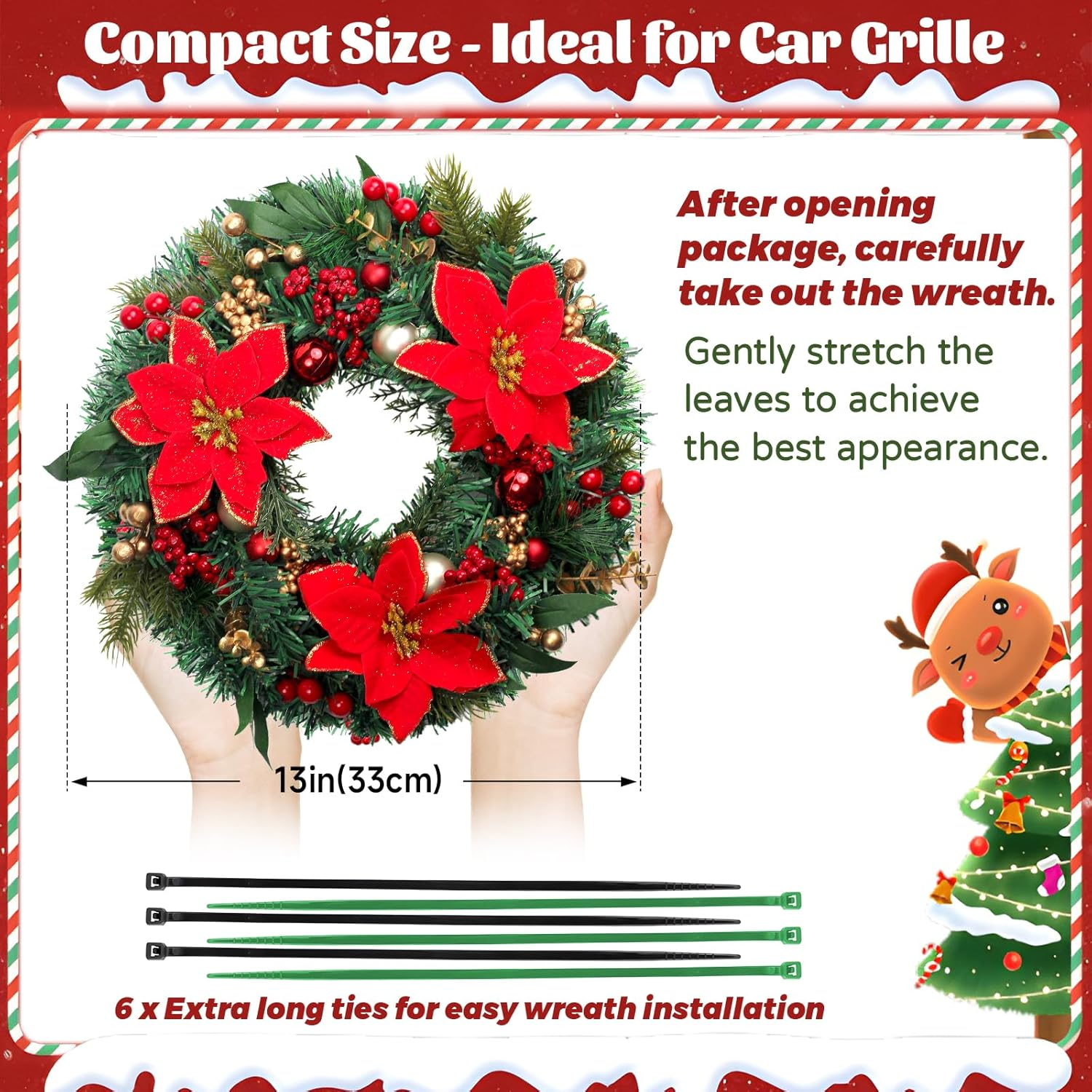 Lighted Christmas Car Wreath - 13" LED Poinsettia Wreath for Front Grill