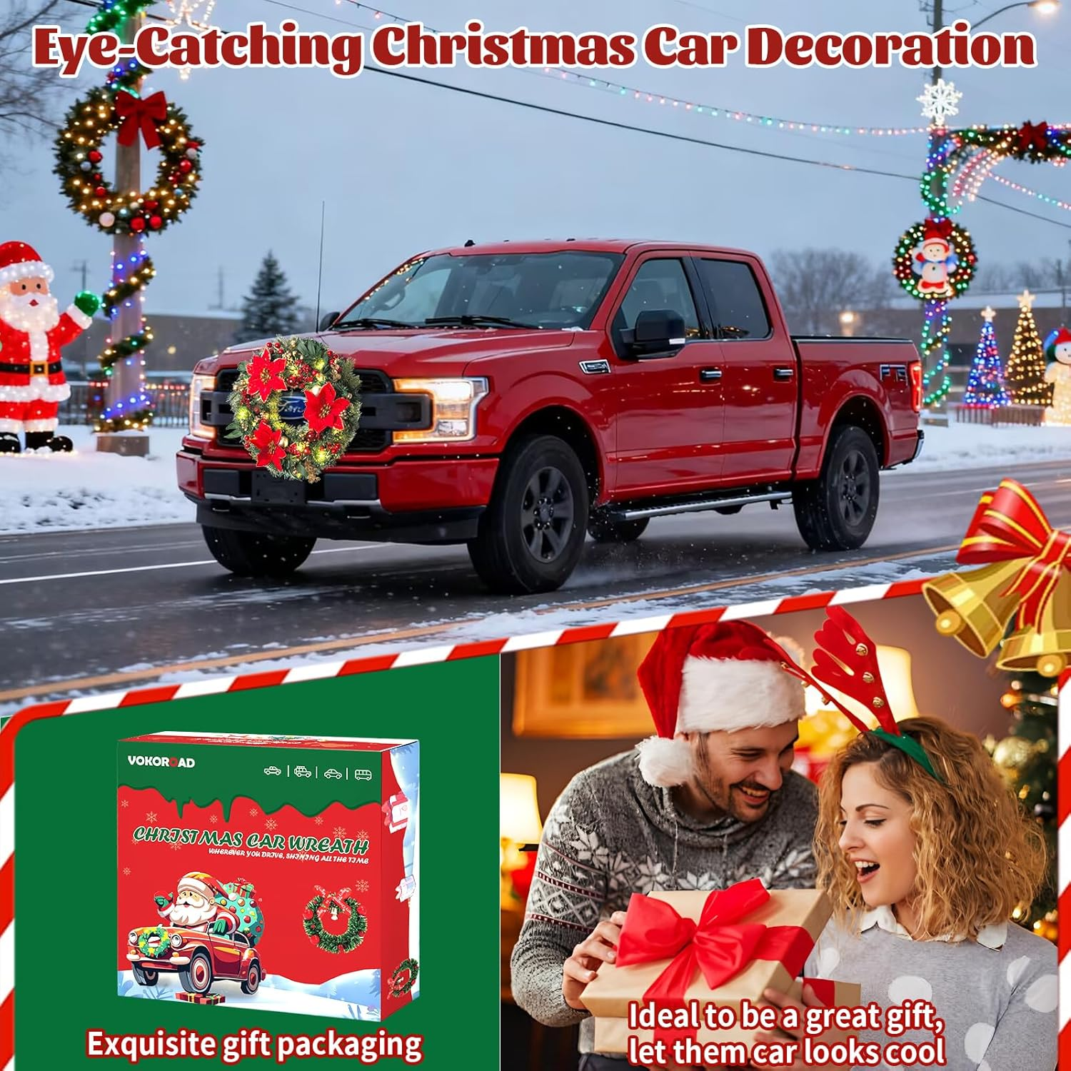 Lighted Christmas Car Wreath - 13" LED Poinsettia Wreath for Front Grill