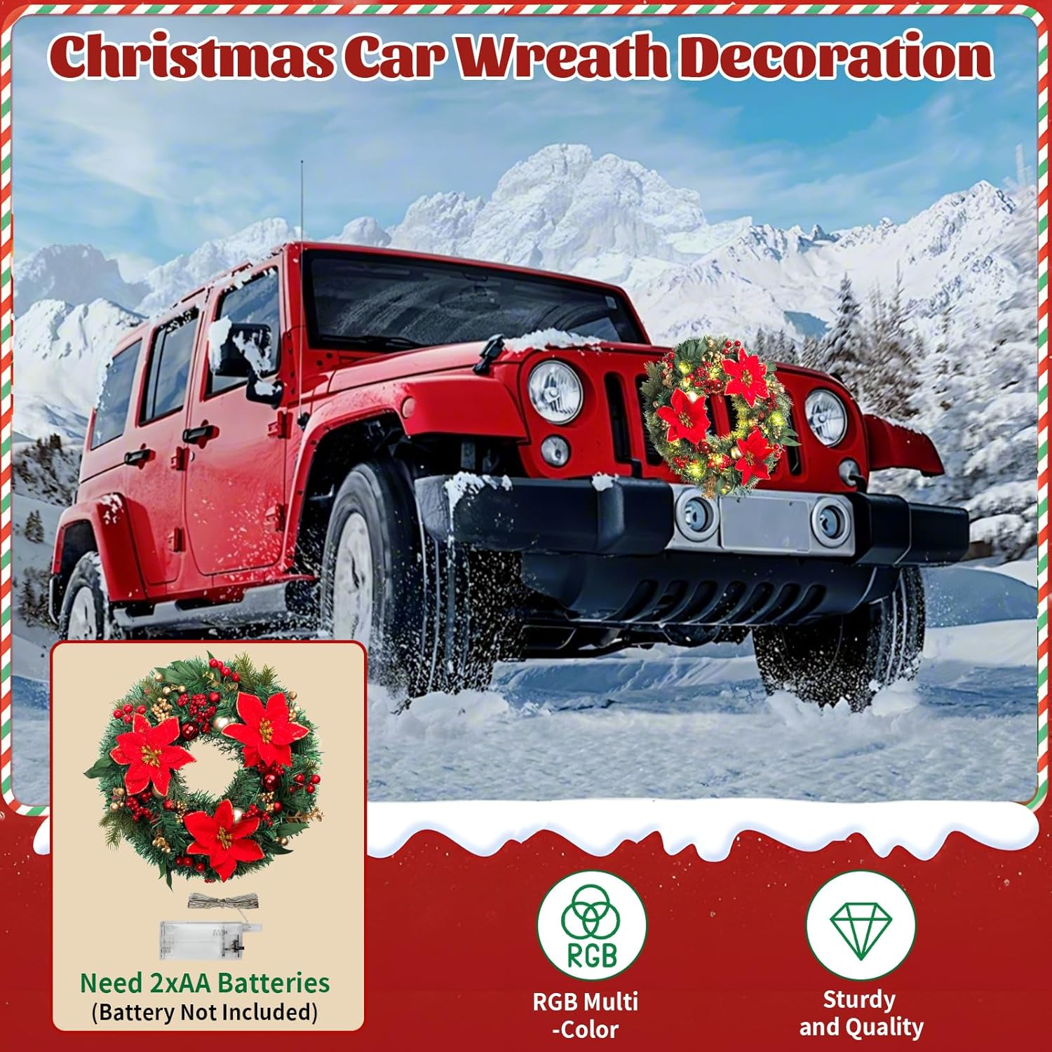 Lighted Christmas Car Wreath - 13" LED Poinsettia Wreath for Front Grill