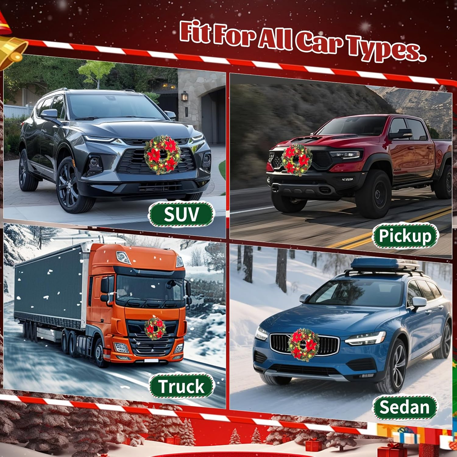 Lighted Christmas Car Wreath - 13" LED Poinsettia Wreath for Front Grill