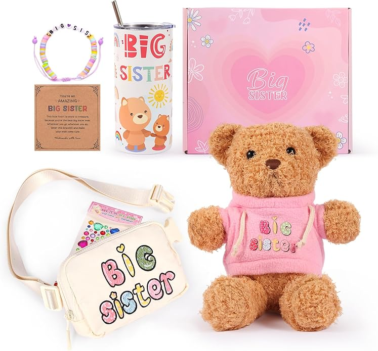 Big Sister Gift Set - 6-Piece New Sibling Gift for Girls with Plush Bear