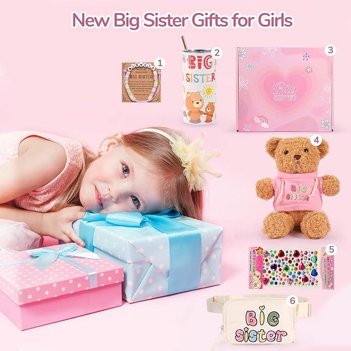 Big Sister Gift Set - 6-Piece New Sibling Gift for Girls with Plush Bear