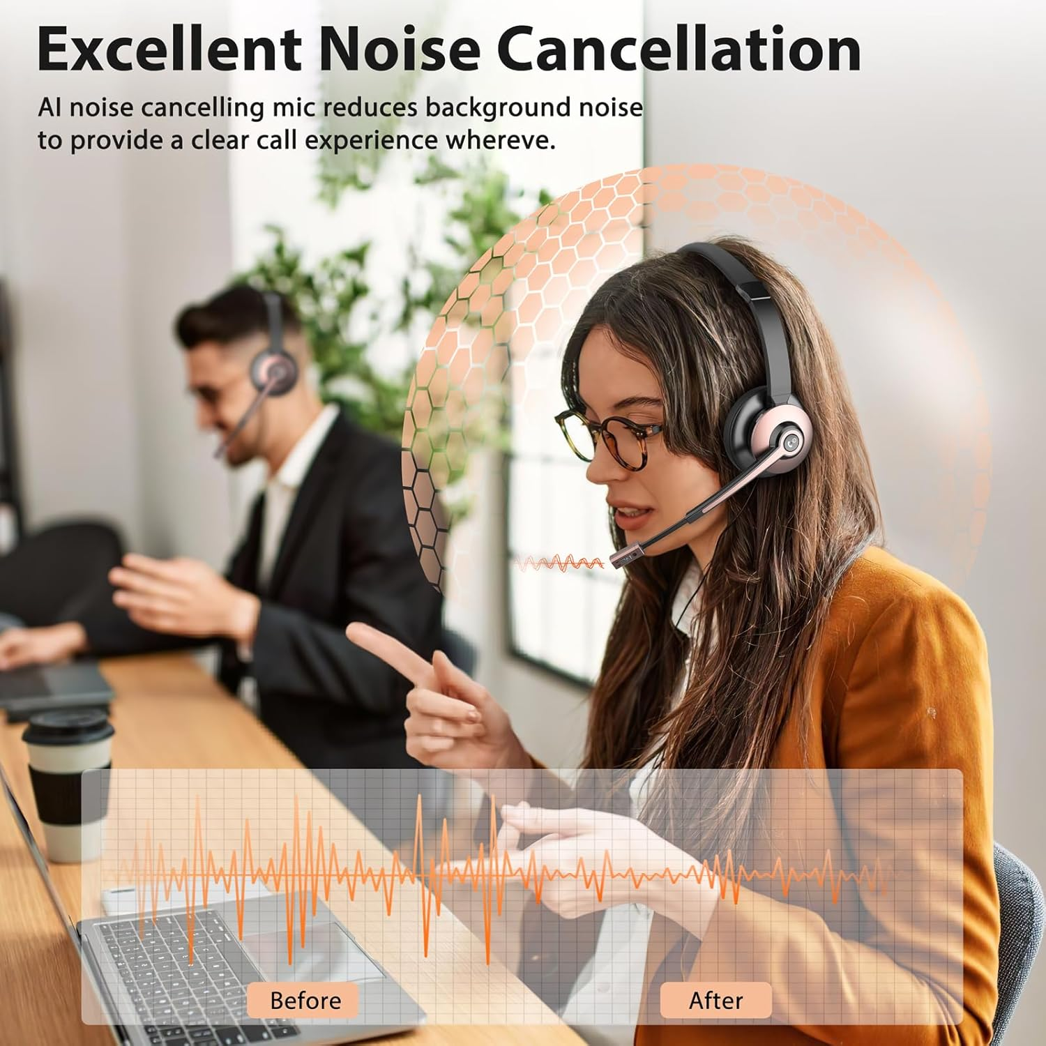 Wireless Bluetooth Headset with Noise Cancelling Mic & Charging Base for Work