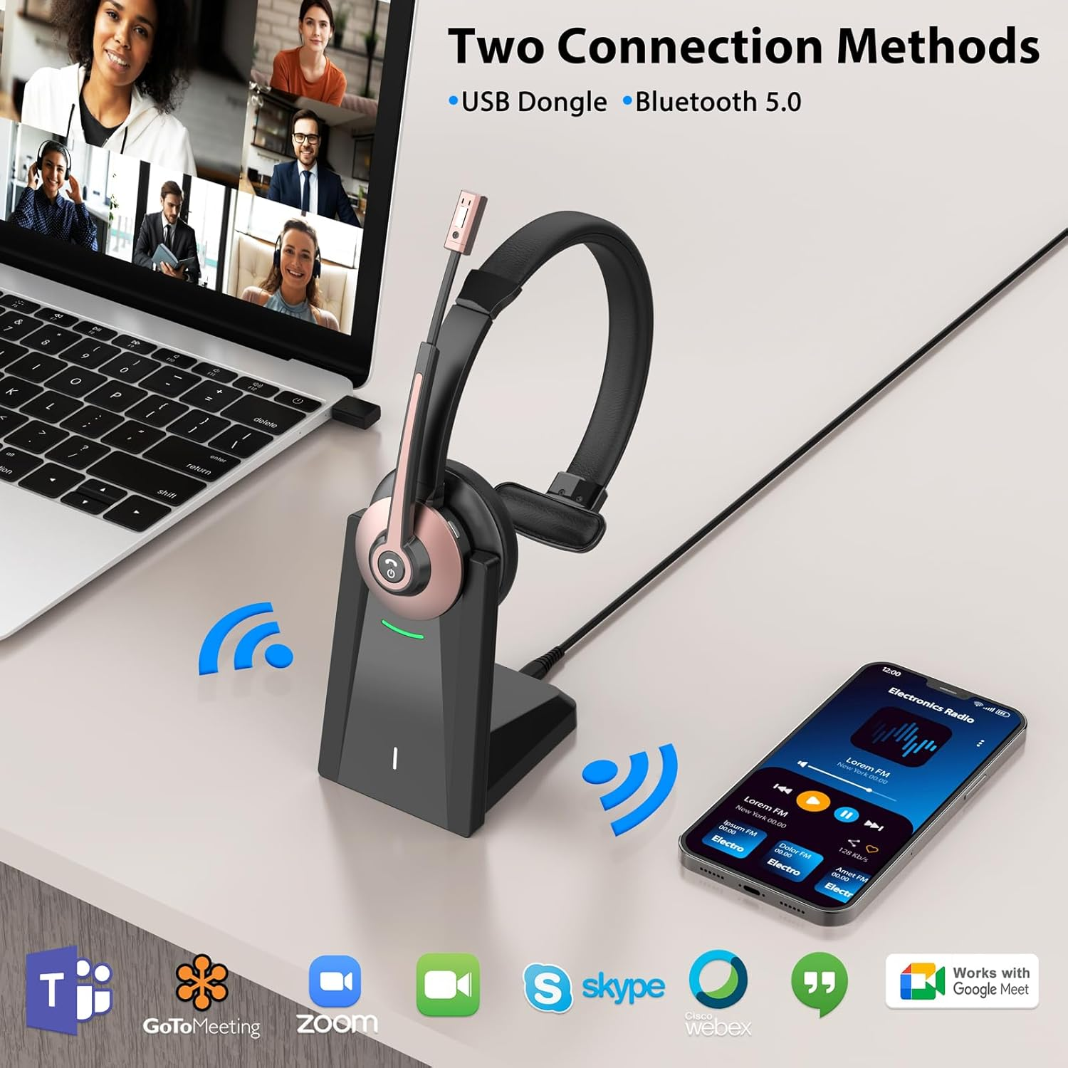 Wireless Bluetooth Headset with Noise Cancelling Mic & Charging Base for Work