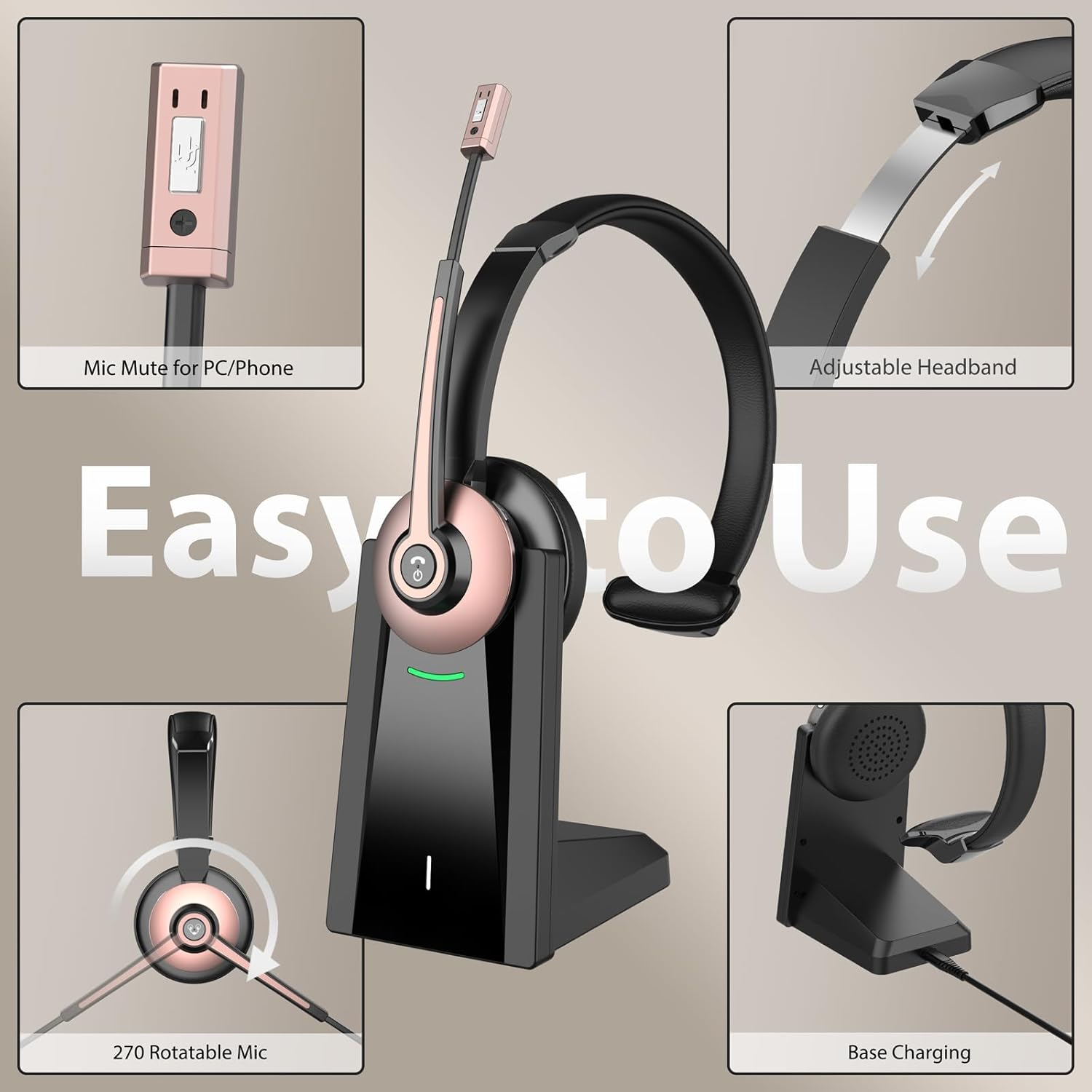 Wireless Bluetooth Headset with Noise Cancelling Mic & Charging Base for Work
