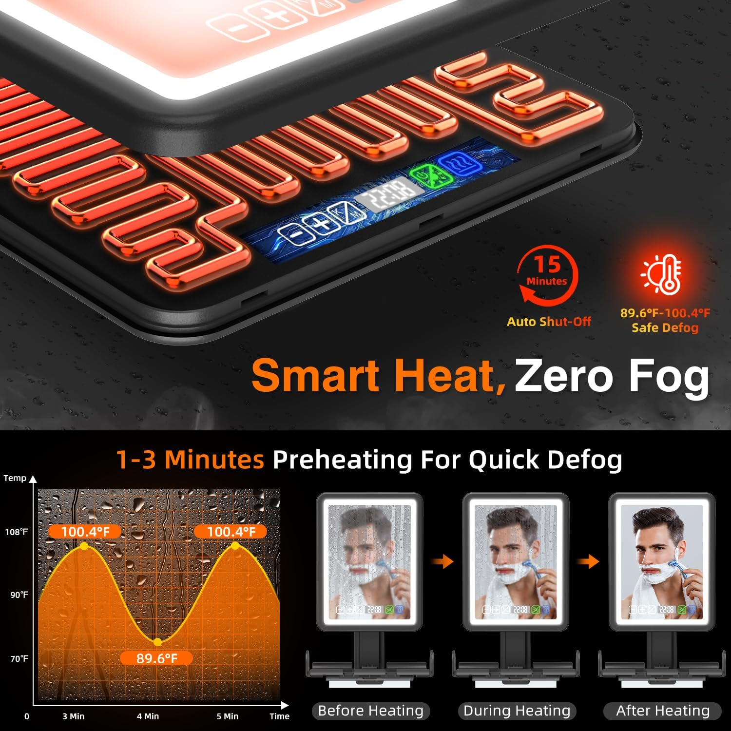 Shower Mirror Fogless for Shaving, LED Heated Rechargeable Fogless Mirror for Shower with Digital Clock & Storage Tray, 3 Color Lighting, Dimmable Touch Screen