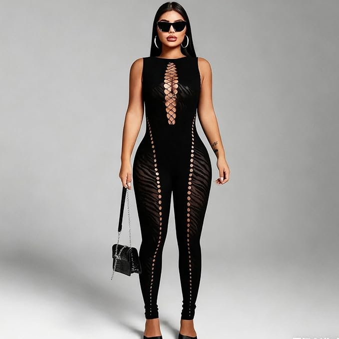 Sheer Mesh Leopard Print Jumpsuit - Sleeveless Bodycon Fishnet Romper for Women | Club & Rave Wear