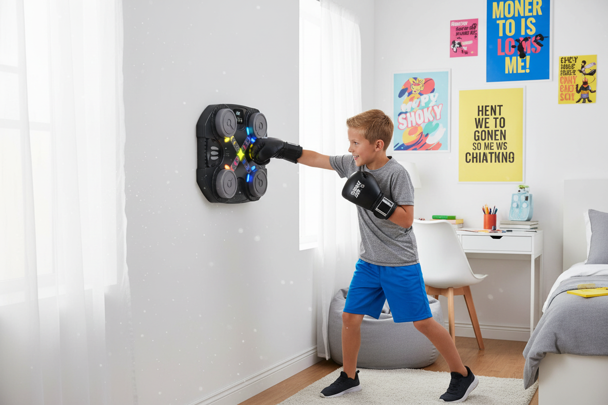 Boy using original boxing machine in bedroom