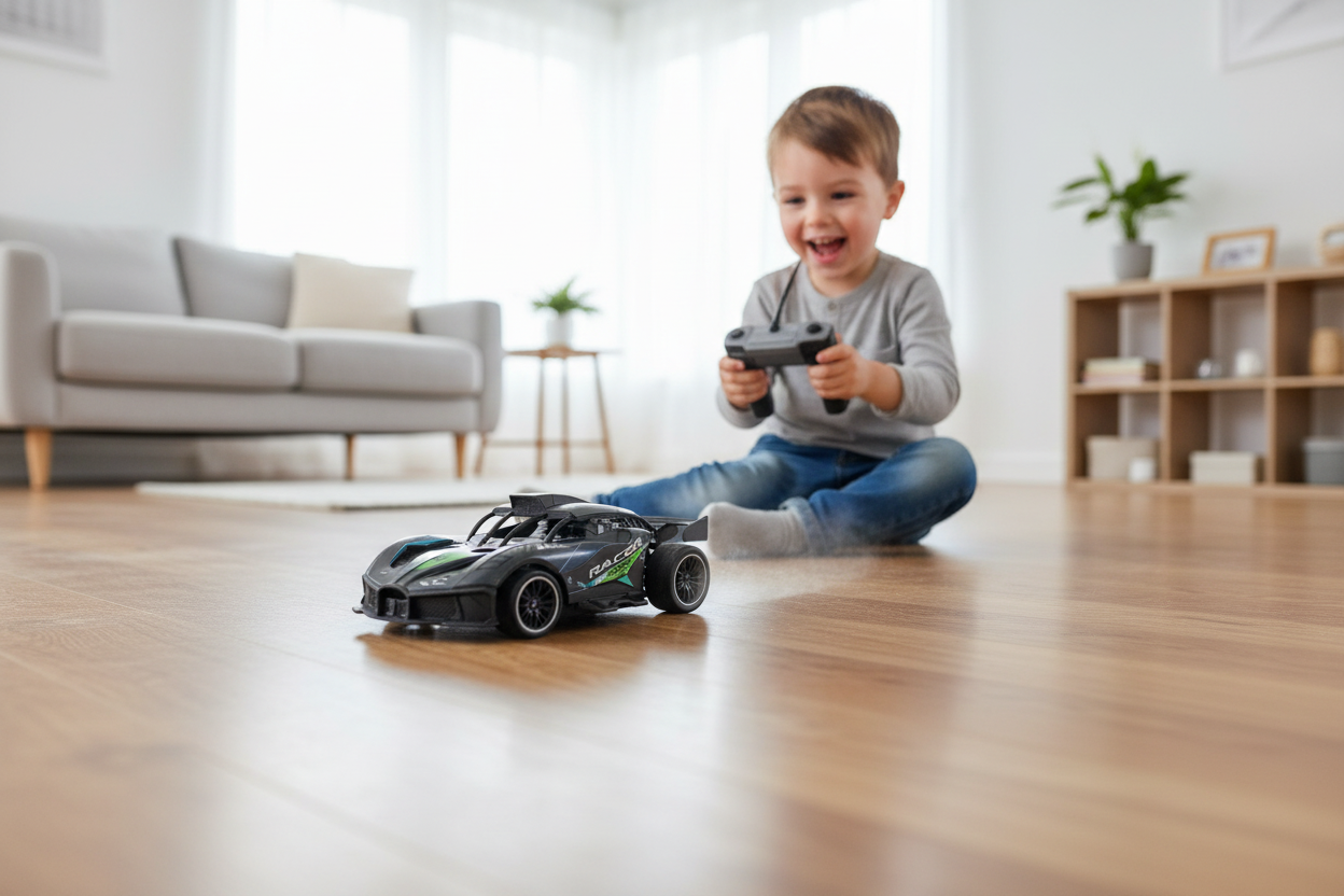 Child playing with R/C racing car