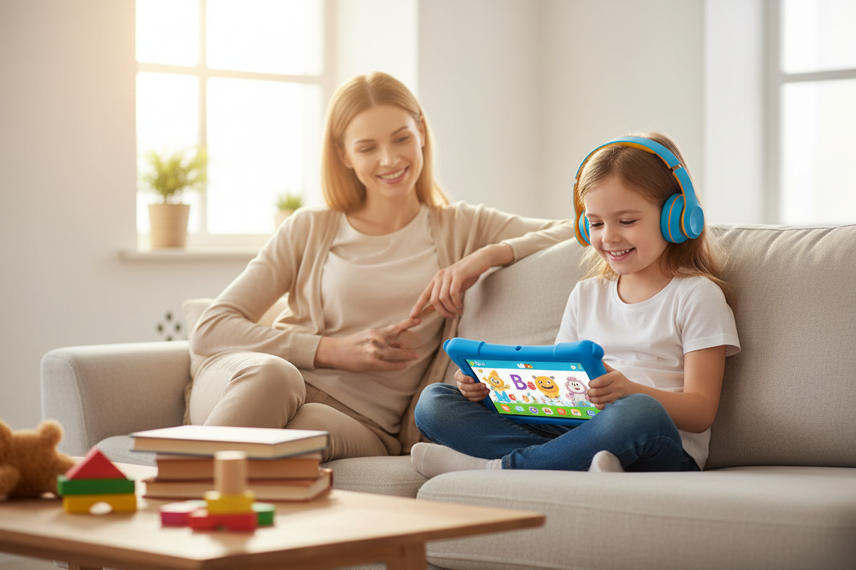 Child Using Kids Tablet at Home