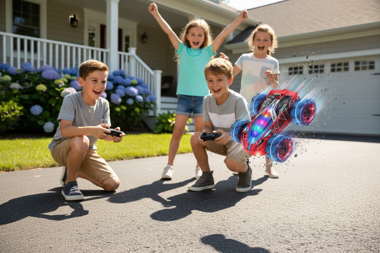 Children playing with Stunt Spray RC car outdoors