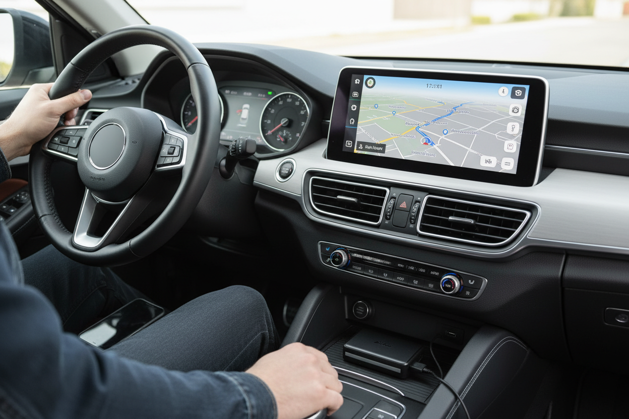 Driver Using Wireless CarPlay Navigation