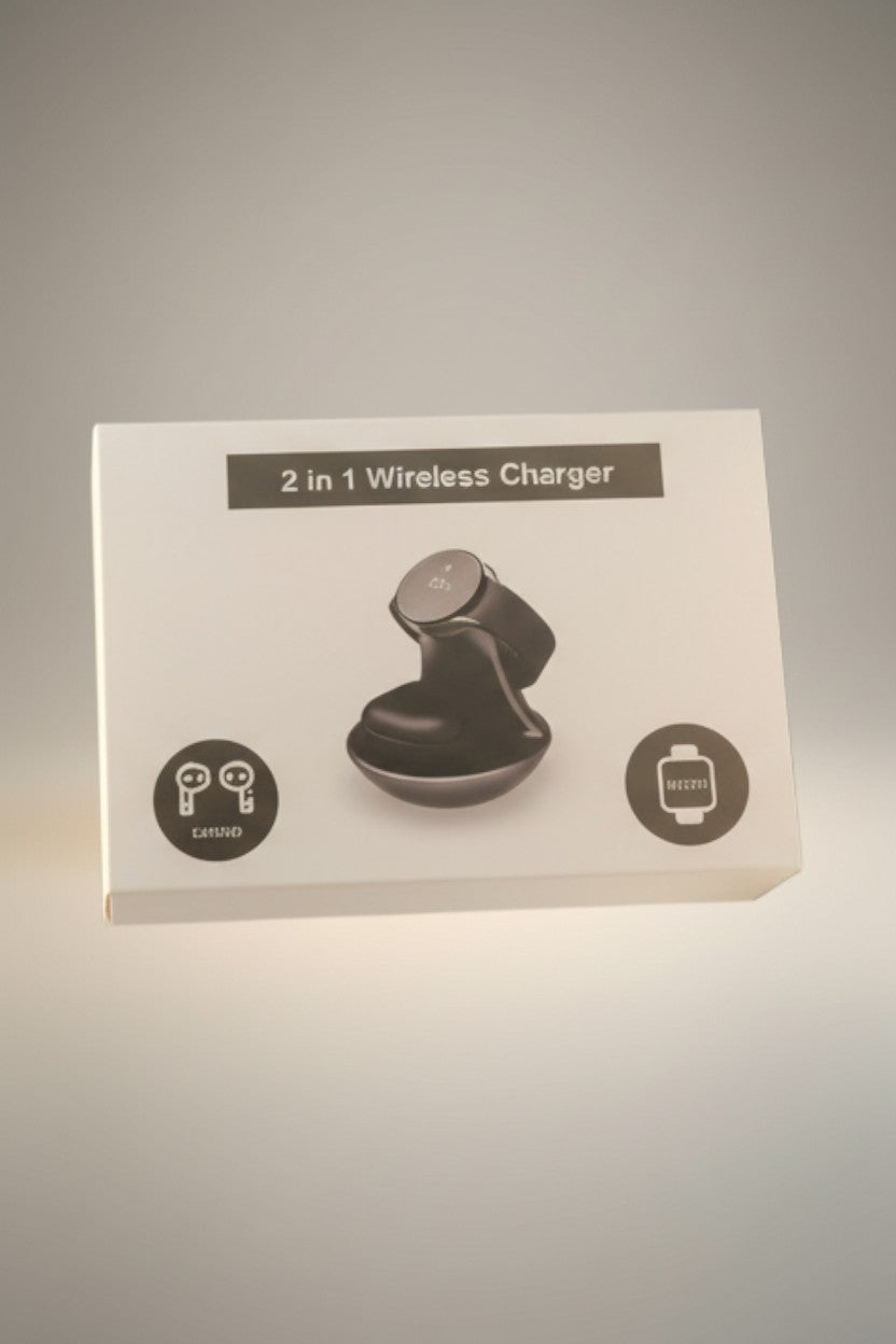 Exquisite Deal Shop 2-in-1 mini wireless charger for Apple Watch and AirPods, compact, USB-C powered, pocket-size disc.