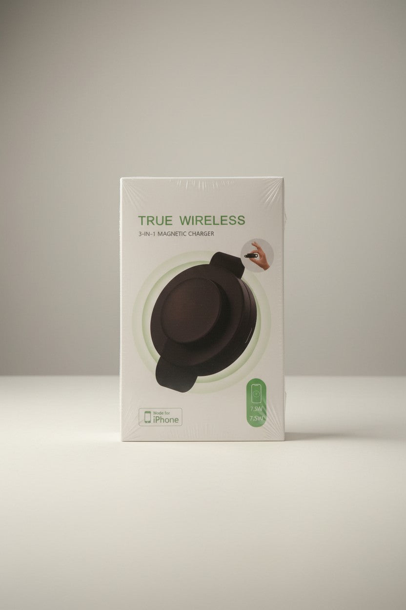 Exquisite Deal Shop 3-in-1 magnetic wireless charger for iPhone, Apple Watch, and AirPods. Features 7.5W charging and a foldable design.